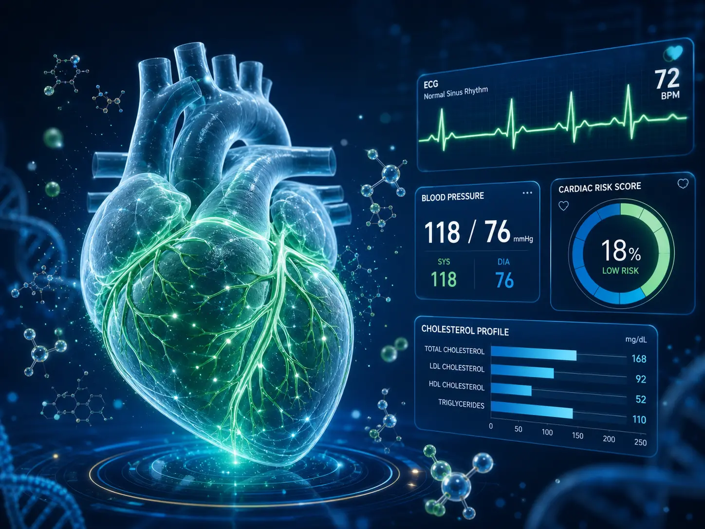 Scientific cardiac consultation illustration showing heart anatomy, ECG waveform and diagnostic data panels representing expert cardiologist consultation at Palladium Janseva best cardiologist consultation in Vasai West for trusted 24/7 heart specialist care.