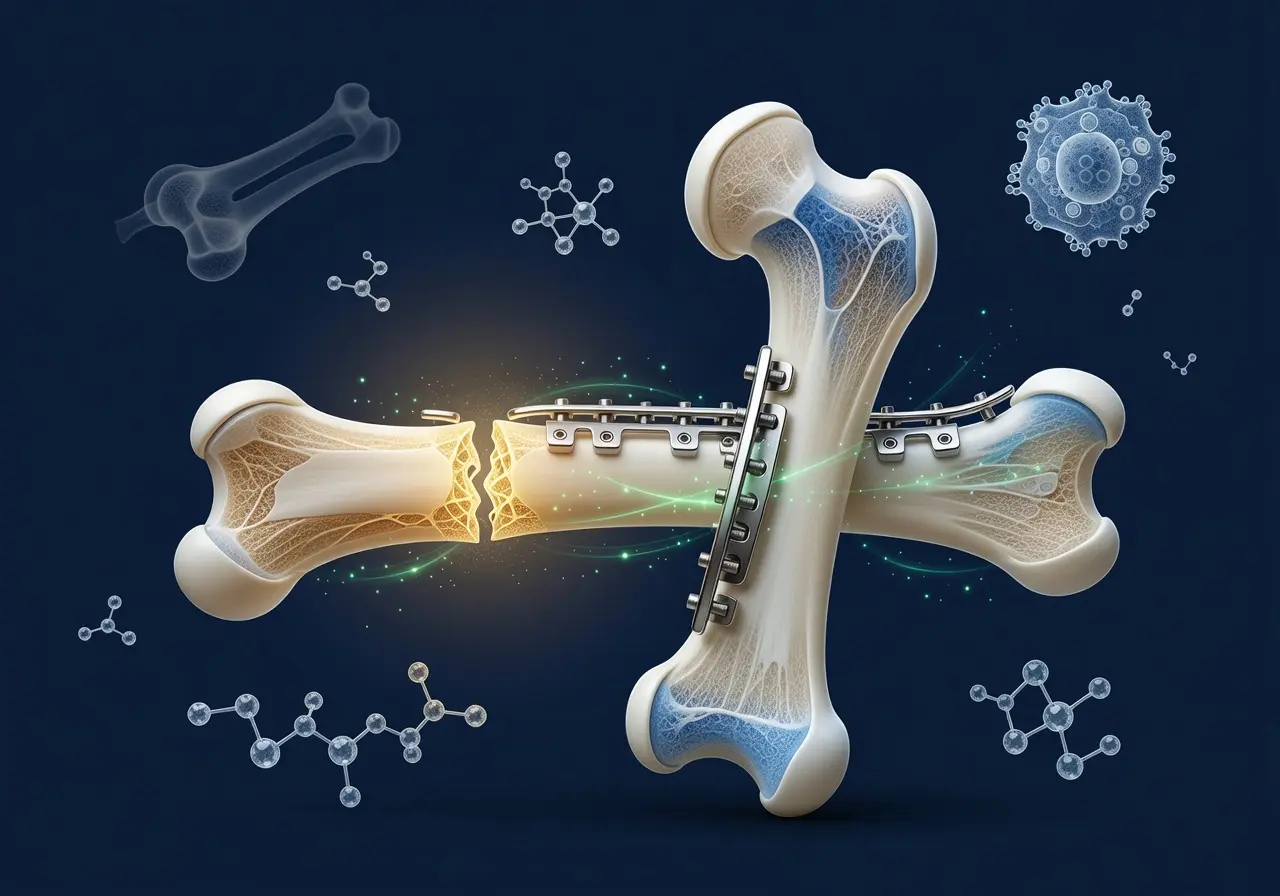 Scientific illustration of bone fracture healing with orthopedic plate fixation representing expert fracture care at Palladium Janseva trusted bone fracture treatment hospital in Vasai West offering 24/7 emergency orthopedic surgery and rehabilitation.