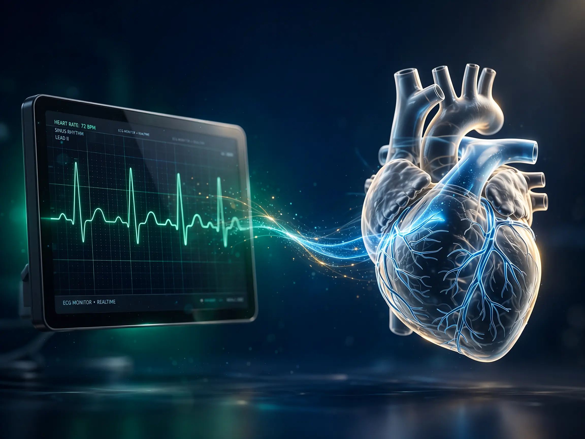 Scientific illustration of ECG waveform and coronary angiography visualization representing advanced cardiac diagnostics at Palladium Janseva trusted ECG and angiography hospital in Vasai West offering 24/7 expert heart diagnostic services.