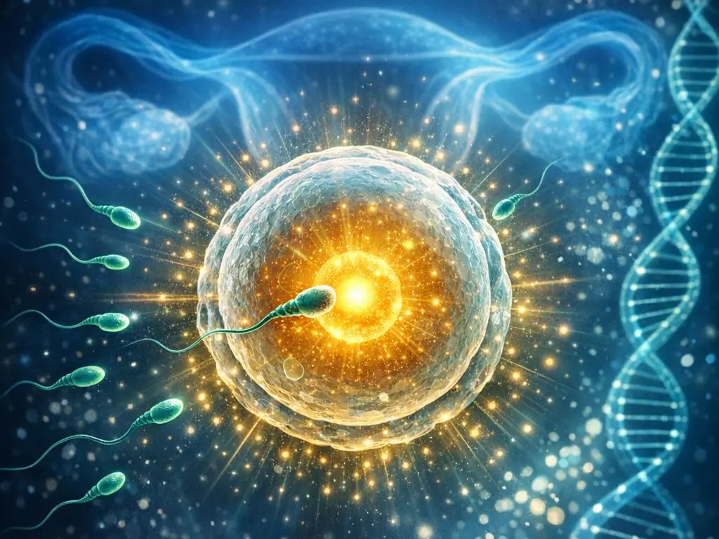 Premium scientific illustration of human fertilization showing egg, sperm cells and glowing DNA representing advanced infertility treatment at Palladium Janseva trusted infertility treatment center in Vasai West offering compassionate expert fertility care.