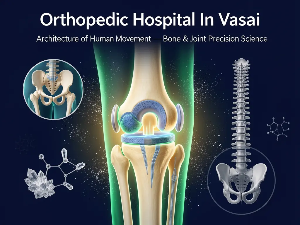 Premium scientific illustration of human knee joint anatomy with bone and cartilage detail representing advanced orthopedic care at Palladium Janseva trusted orthopedic hospital in Vasai West offering expert bone joint surgery and fracture treatment.
